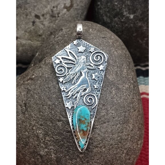 Handmade Jewelry - Sterling Silver Fairy Pendant Necklace Turquoise Moon Stars